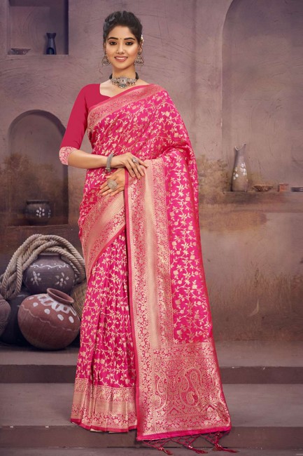 Pink Saree in Silk with Zari,weaving