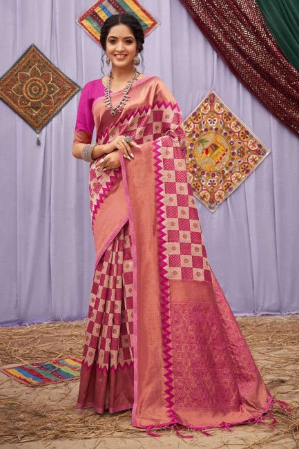 Saree in Cotton Pink with Weaving