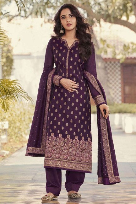 Purple Weaving Salwar Kameez in Silk