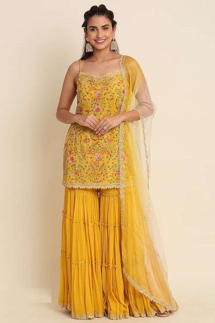 Embroidered Georgette Yellow Sharara Suit with Dupatta