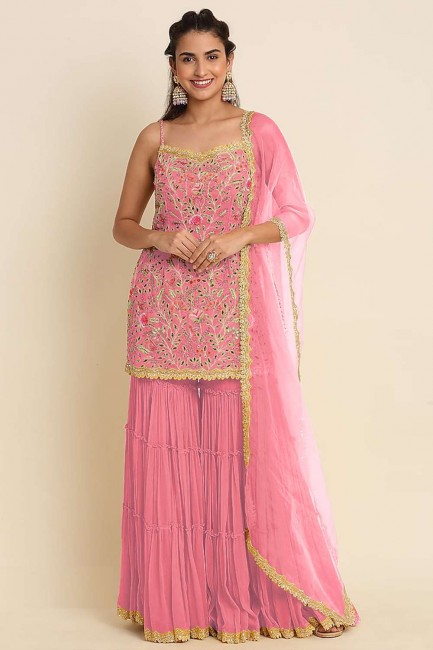 Georgette Pink Sharara Suit in Embroidered