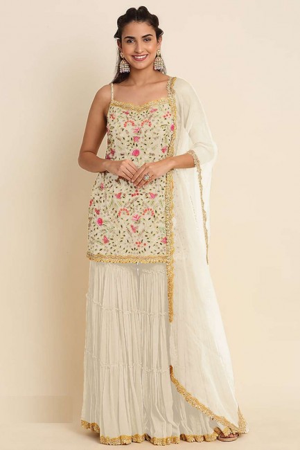 Embroidered Georgette Cream Sharara Suit with Dupatta