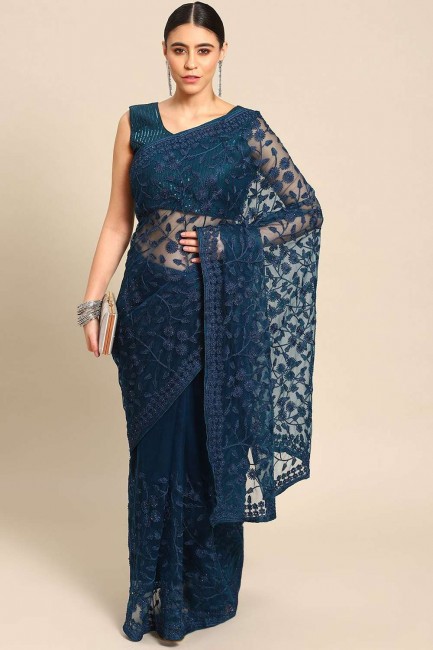 Blue Net Party Wear Saree with Stone,embroidered