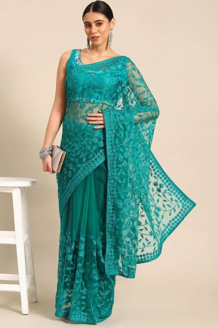 Net Party Wear Saree in Sea green with Stone,embroidered