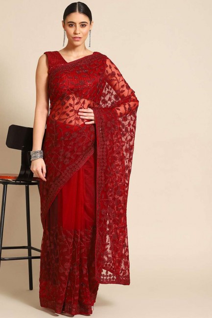 Maroon Party Wear Saree in Net with Stone,embroidered