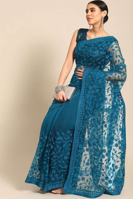 Net Party Wear Saree with Stone,embroidered in Blue