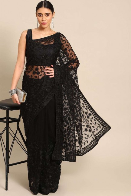 Net Stone,embroidered Black Party Wear Saree with Blouse