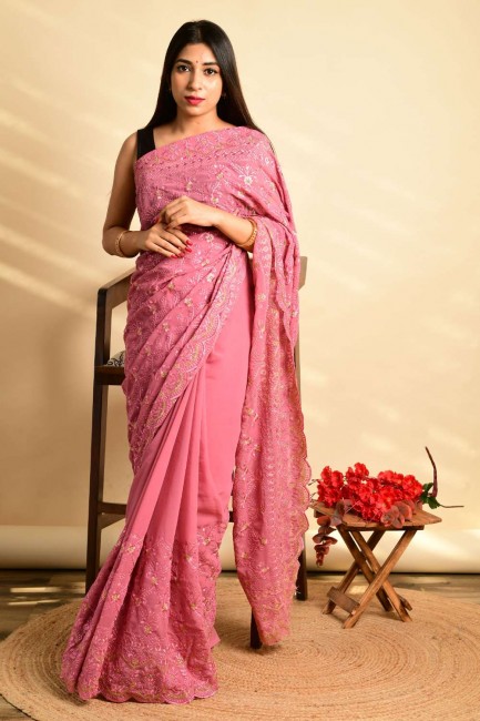 Georgette Pink Embroidered Party Wear Saree with Blouse