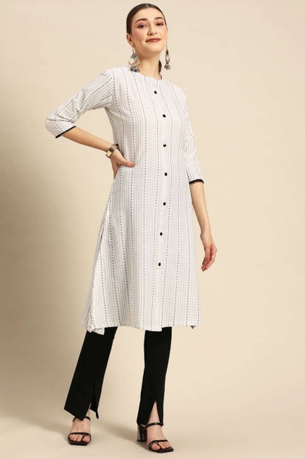 White Straight Kurti in Cotton blend with Weaving