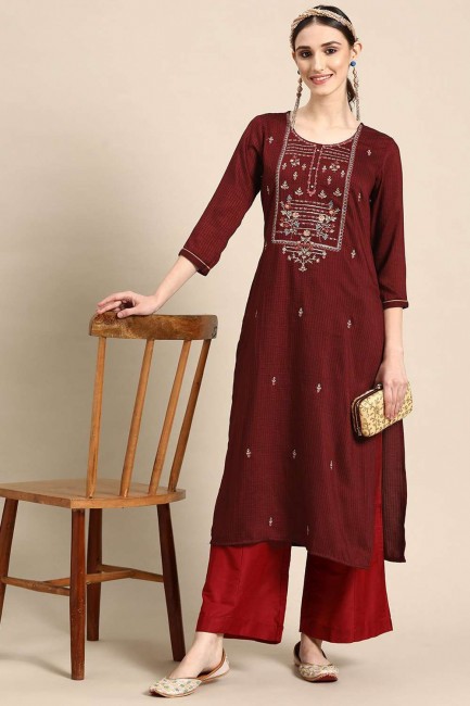 Embroidered Rayon Straight Kurti in Maroon with Dupatta
