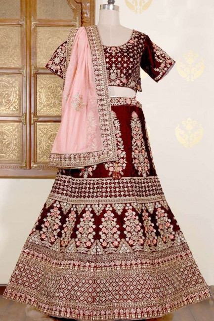 Bridal Lehenga Choli Velvet Maroon in Embroidered