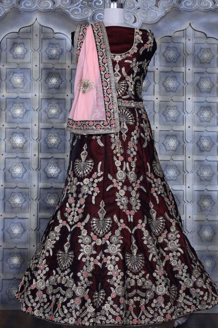 Maroon Bridal Lehenga Choli in Embroidered Silk