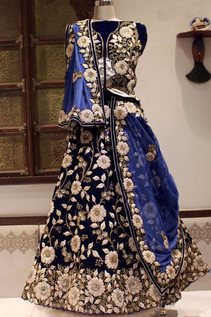 Embroidered Velvet Bridal Lehenga Choli in Royal blue