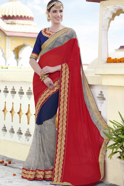 Red And Blue Chiffon , Georgette Saree