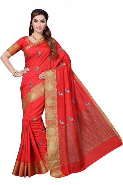 Attractive Dark Red Raw Silk Saree