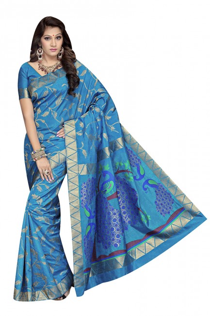 Fashionable Blue Tussar Silk Saree