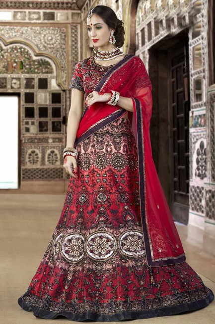 Scarlet Red Bhagalpuri Silk Bridal Lahanga