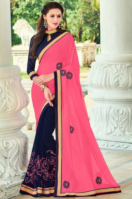 pink and Navy Blue Georgette Saree