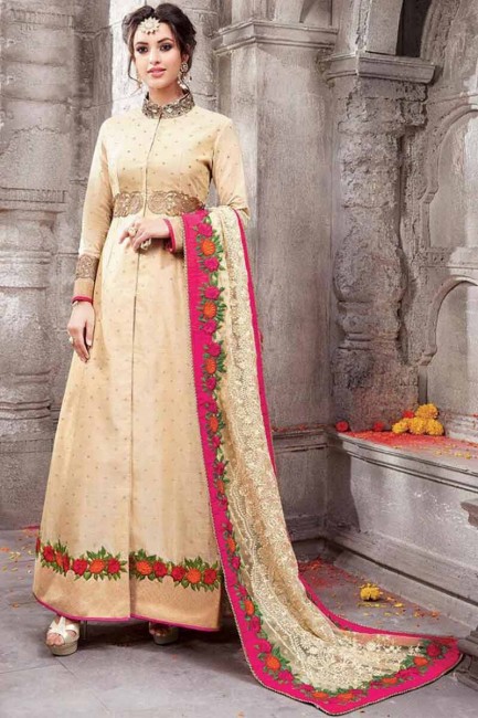 Cream Silk Jacquard Anarkali Suit
