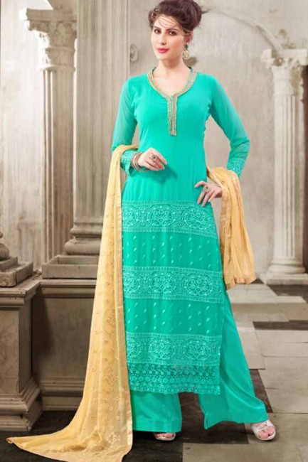 Traditional Sea Green Georgette Palazzo Suit