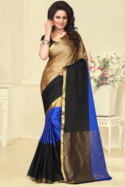 Opulent Blue,Black & Golden Cotton Silk Saree