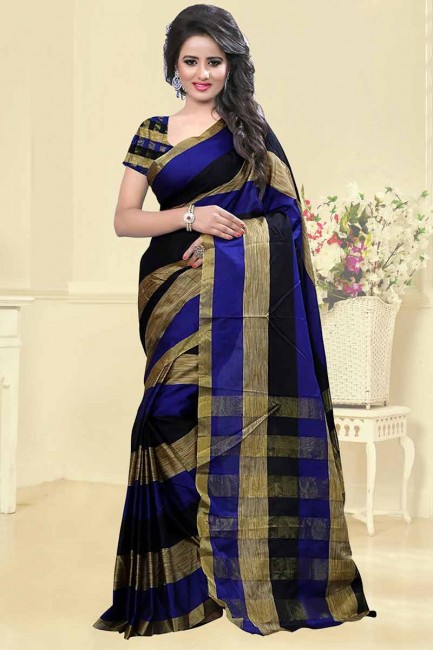 Adorable Blue,Black & Golden Cotton Silk Saree