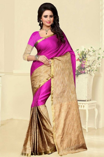 Rani Pink & Golden Cotton Silk Saree