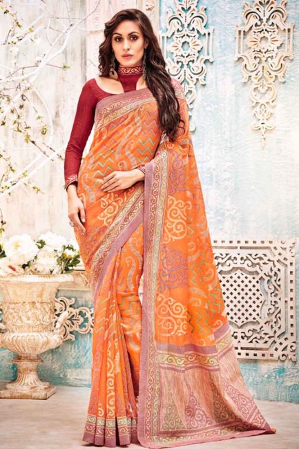 Orange Kashida Silk Saree