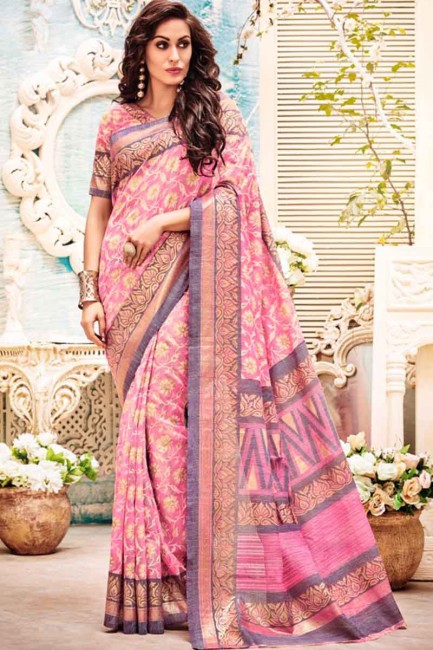 Modish Pink Kashida Silk Saree