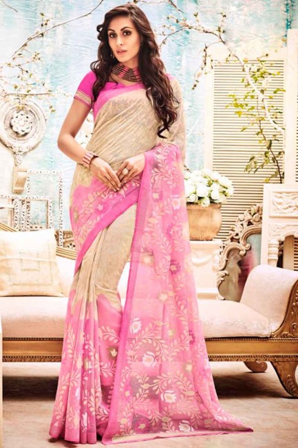 Cream & Pink Kashida Silk Saree