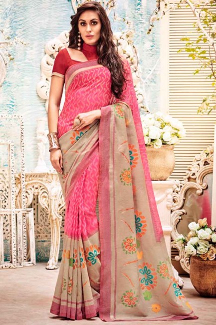 Voguish Pink Kashida Silk Saree