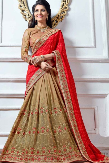 Red & Dark Beige  Fancy Fabric & Silk Saree