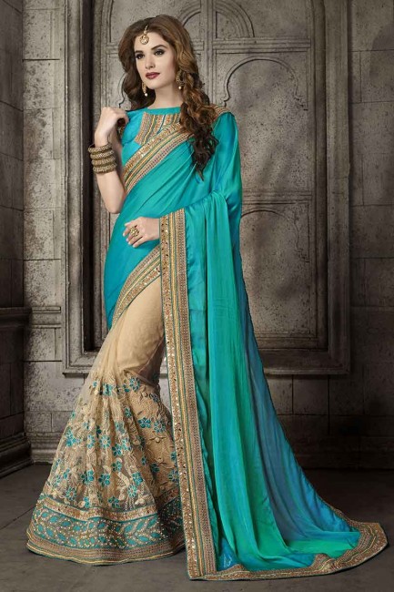 Dazzling Teal Green And Beige Silk And Net Saree
