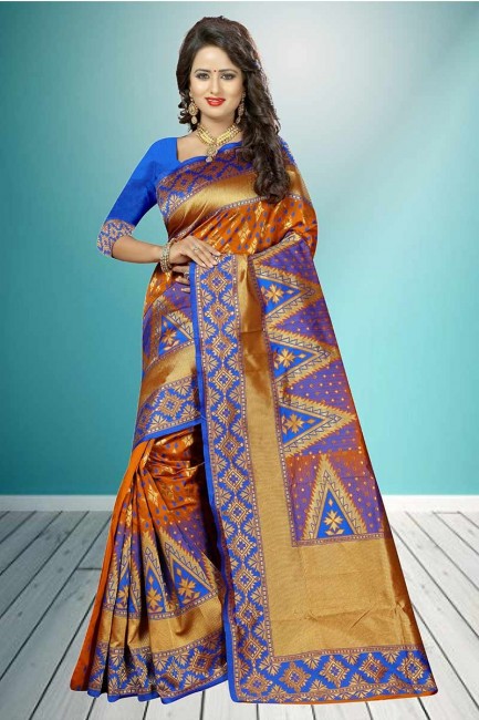 Orange & Blue color Banarasi Art Silk Saree