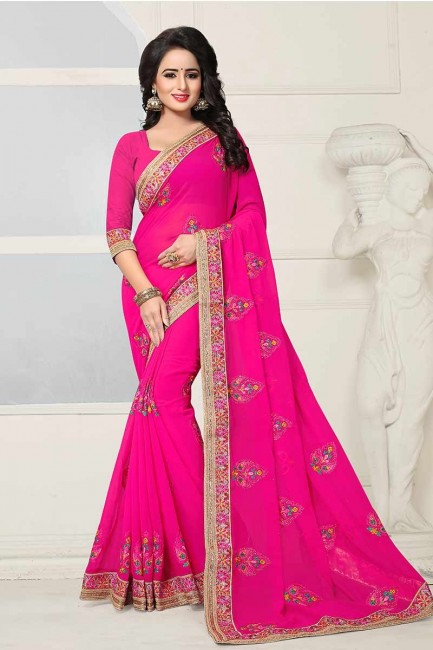 Lovely Fuschia Pink color Georgette Saree