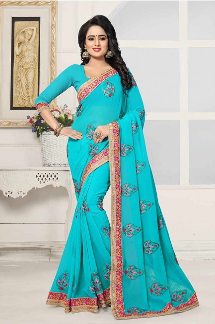 Appealing Turquoise Blue color Georgette Saree