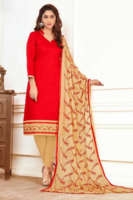 Indian Ethnic Red color Cotton Churidar Suit