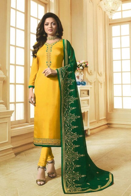 Contemporary Yellow Georgette Satin Churidar Suit