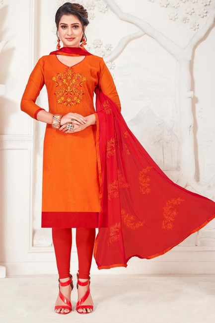 Orange Art Silk Churidar Suit