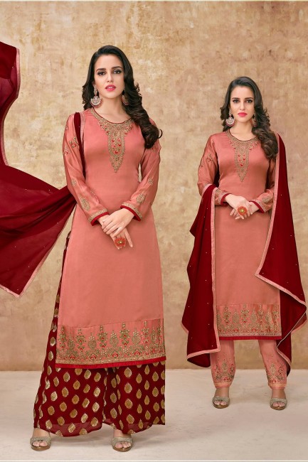 Dark peach Georgette and satin Palazzo Suits