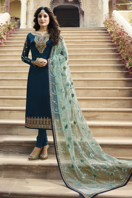 Blue, Georgette and satin Churidar Suits