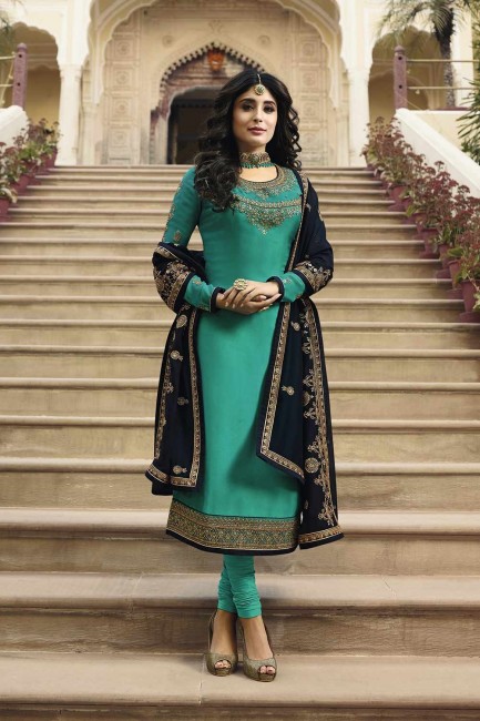 Sea green Georgette and satin Churidar Suits