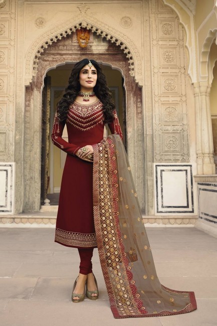 Maroon, Georgette and satin Churidar Suits