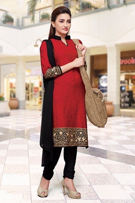 Red Crepe and silk Churidar Suits