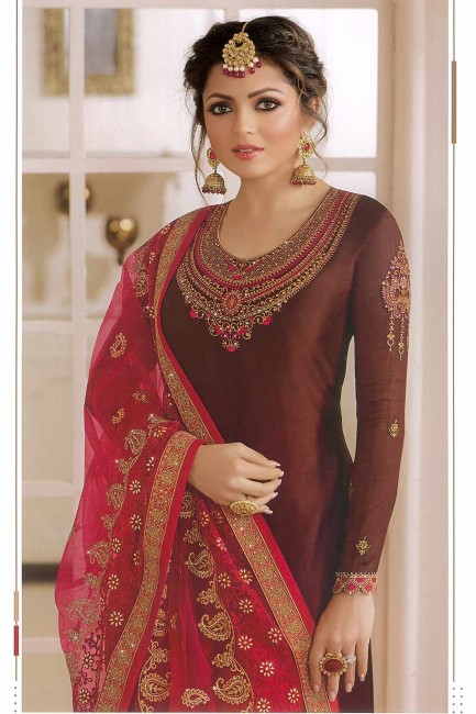 Brown,red Georgette and satin Churidar Suits