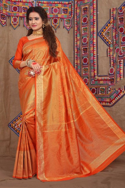 Ethinc Orange Jacquard and silk saree