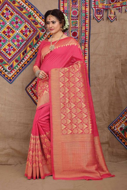 Latest Ethnic Rani pink Jacquard and silk saree