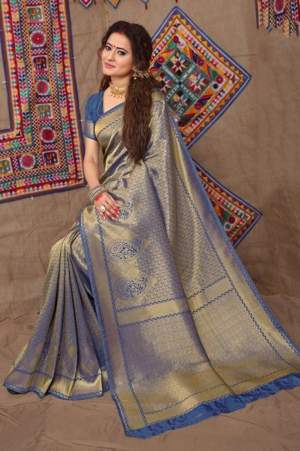 Blue Jacquard and silk  saree