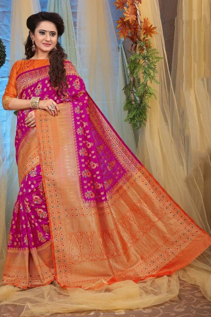 Ethinc Rani pink Jacquard and silk saree