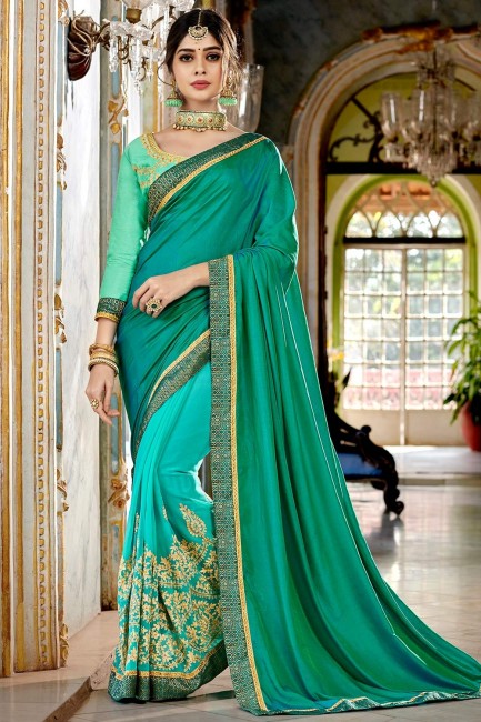 Teal  & turquoise blue,green Georgette and silk  saree